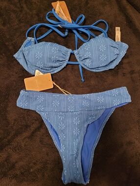 Blue Floral Embossed Bikini Set - Women's Swim